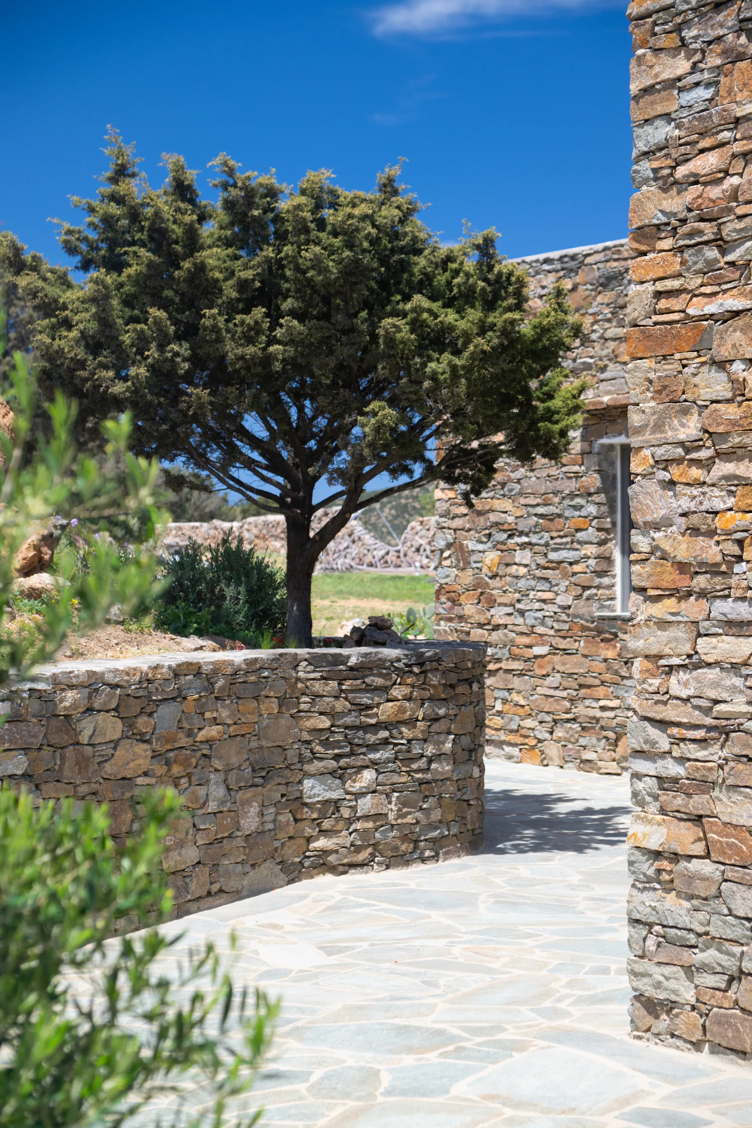 Refoulia Eco Suites β Stone walls with a tree and paved pathway